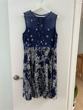 Navy Floral Pleated Midi Dress